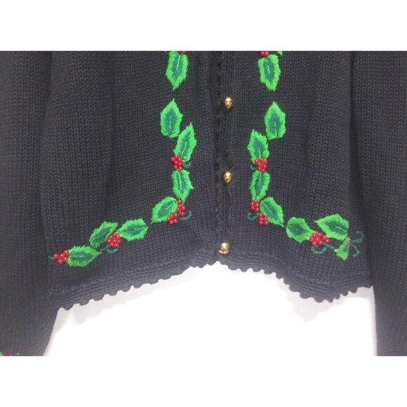 Vintage Bechamel Sweater Womens Sz L Christmas Cardigan Black green red long slv - Picture 7 of 15